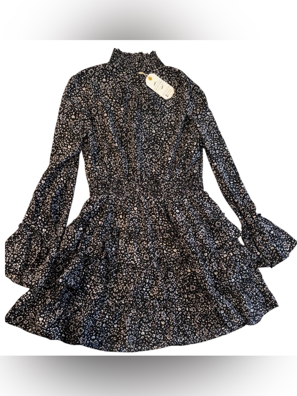 NWT Black & White Long Sleeve Babydoll Dress Small Boho Floral Romantic